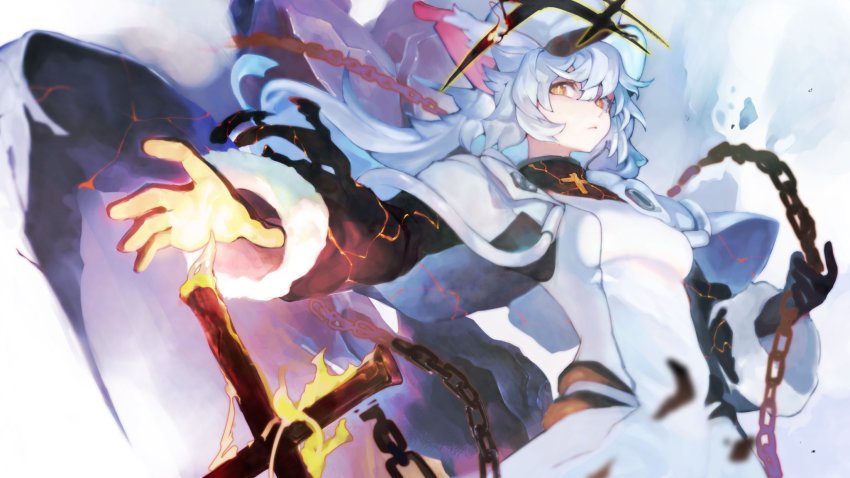 1girl alchemy_stars animal_ears black_gloves breasts cape cat_ears chain closed_mouth dress fire floating_hair gloves harutask hat highres long_hair long_sleeves looking_at_viewer outstretched_arm philyshy_(alchemy_stars) small_breasts solo upper_body white_dress white_hair white_hat yellow_eyes yumi_(alchemy_stars)
