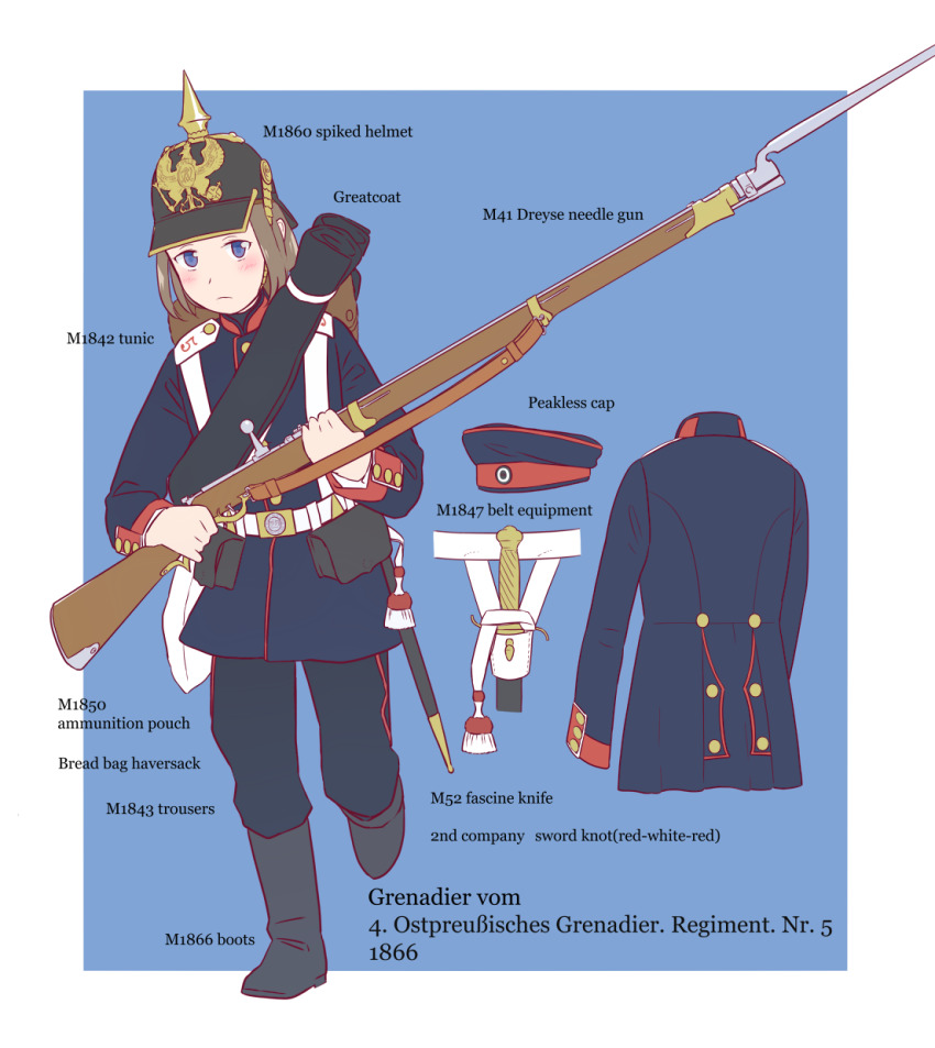 1girl ammunition_pouch backpack bag bayonet belt belt_buckle blue_background blue_eyes blush bolt_action boots border buckle buttons combat_helmet cuffs dreyse_m1841 full_body gun gun_sling hat helmet highres holding holding_gun holding_weapon insignia jacket karasumi_(sumizono) knife light_brown_hair load_bearing_equipment long_sleeves looking_at_viewer marching military military_hat military_jacket military_uniform original pants pickelhaube pouch prussia rifle sheath short_hair sidelocks simple_background sling_(weapon) soldier solo weapon white_border