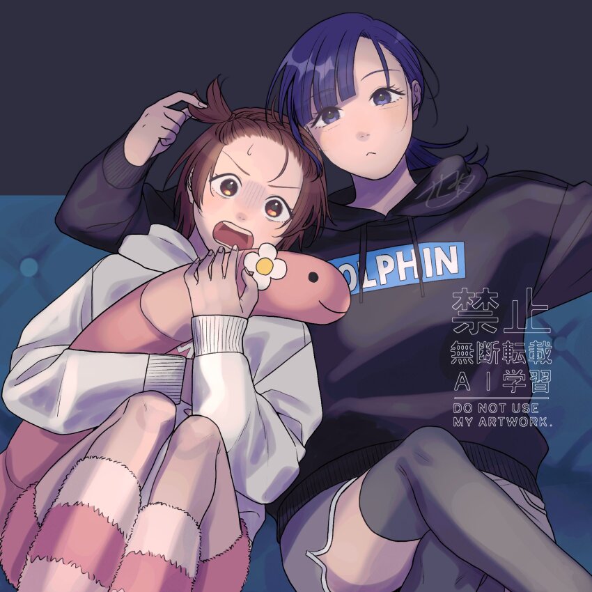 2girls black_hoodie blue_hair brown_hair couch dolphin_shorts highres hood hoodie medalist_(manga) multiple_girls okazaki_iruka on_couch open_mouth playing_with_another&#039;s_hair sasaminiku shorts sitting stuffed_toy surprised watermark worm yuitsuka_inori