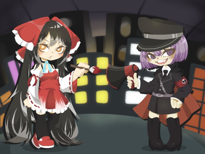 2girls black_coat black_footwear black_hair black_headwear black_legwear black_necktie black_skirt blush boots bow bright_pupils city coat collared_shirt commentary_request cookie_(touhou) detached_sleeves dress full_body geru_futota hair_bow hakurei_reimu hat highres holding holding_megaphone holding_paintbrush long_hair long_sleeves looking_at_viewer megaphone military military_hat military_uniform multiple_girls necktie open_mouth orange_eyes paintbrush purple_eyes purple_hair red_bow red_dress remilia_scarlet saneru shirt short_hair sidelocks skirt sleeveless sleeveless_dress standing thighhighs touhou very_long_hair white_pupils white_shirt white_sleeves yuyusu_(cookie)