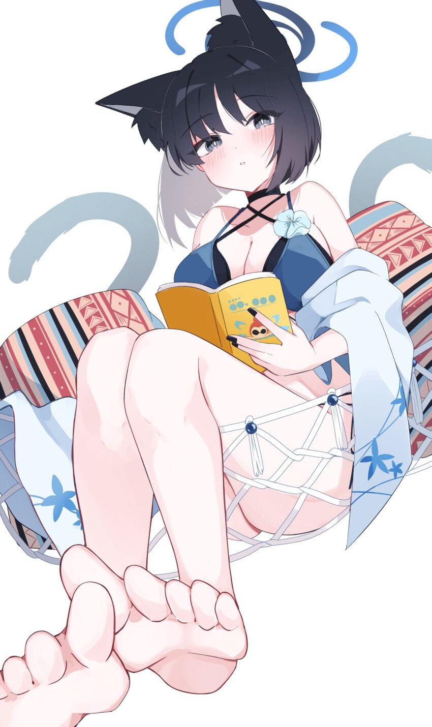 1girl animal_ears bikini black_eyes blue_archive blue_bikini blue_halo cat_ears cat_girl cat_tail colored_inner_animal_ears commentary halo harebare_yurata highres kikyou_(blue_archive) kikyou_(swimsuit)_(blue_archive) layered_bikini multiple_tails official_alternate_costume solo swimsuit tail two_tails