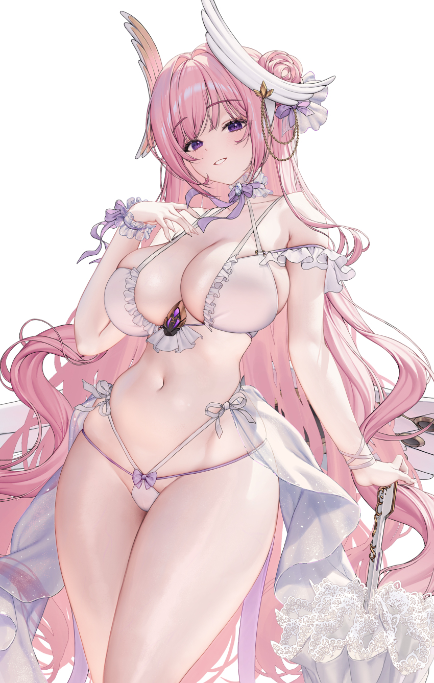 1girl absurdres alternate_costume bikini blush breasts cleavage commentary cowboy_shot dorothy_(nikke) flower-shaped_hair frilled_bikini frills goddess_of_victory:_nikke hair_bun hair_intakes hand_up highres holding holding_umbrella large_breasts long_hair looking_at_viewer multi-strapped_bikini_bottom multi-strapped_bikini_top navel pink_hair planted planted_umbrella purple_eyes simple_background single_side_bun skindentation smile solo stomach subong swimsuit thighs umbrella very_long_hair white_background white_bikini