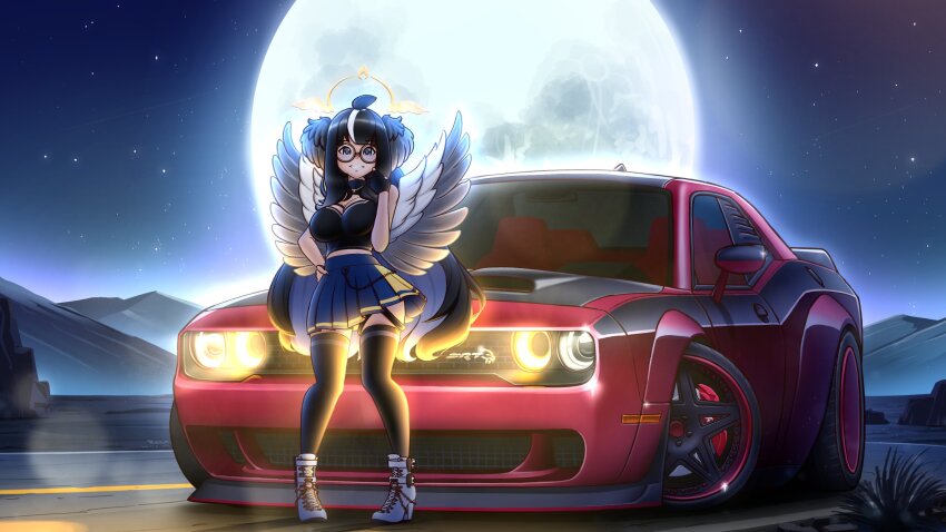 1girl black_gloves black_shirt blue_car blue_skirt breasts car cleavage colored_inner_hair commentary commission dodge_(company) dodge_challenger dodge_challenger_(3rd_generation) english_commentary fingerless_gloves full_moon glasses glint gloves glowing halo hand_on_own_hip highres indie_virtual_youtuber lens_flare long_hair medium_breasts moon motor_vehicle multicolored_hair muscle_car night night_sky onlyarandomuser platform_shoes pleated_skirt red_car round_eyewear shadow shirt shoes single_glove skirt sky smile solo star_(symbol) starza_(vtuber) streaked_hair vehicle_focus very_long_hair virtual_youtuber white_hair white_shoes wings