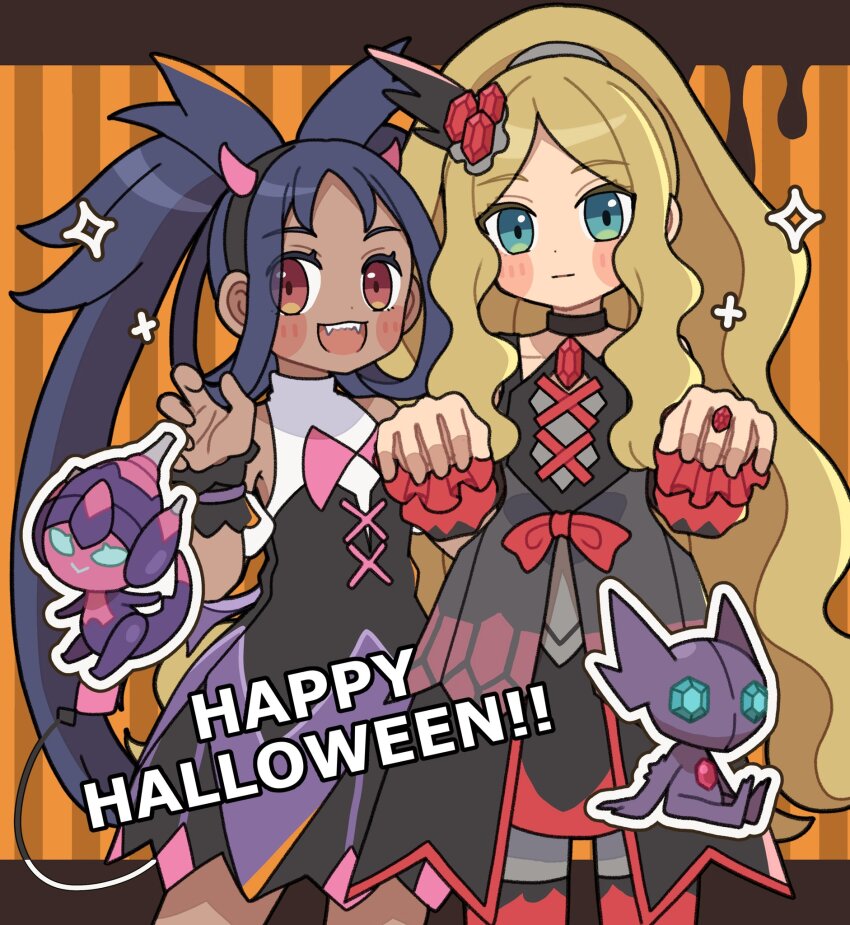 2girls aqua_eyes black_dress blonde_hair blue_eyes bow caitlin_(fall_2021)_(pokemon) caitlin_(pokemon) claw_pose closed_mouth colored_skin commentary_request dark-skinned_female dark_skin dress fake_horns fangs gen_3_pokemon gen_7_pokemon happy_halloween highres horns iris_(fall_2022)_(pokemon) iris_(pokemon) kokashiho letterboxed long_hair looking_at_viewer multiple_girls nintendo official_alternate_costume open_mouth outside_border outstretched_arms poipole pokemon pokemon_(creature) pokemon_masters_ex purple_hair purple_skin red_bow red_eyes sableye sitting smile sparkle teeth ultra_beast upper_teeth_only zombie_pose