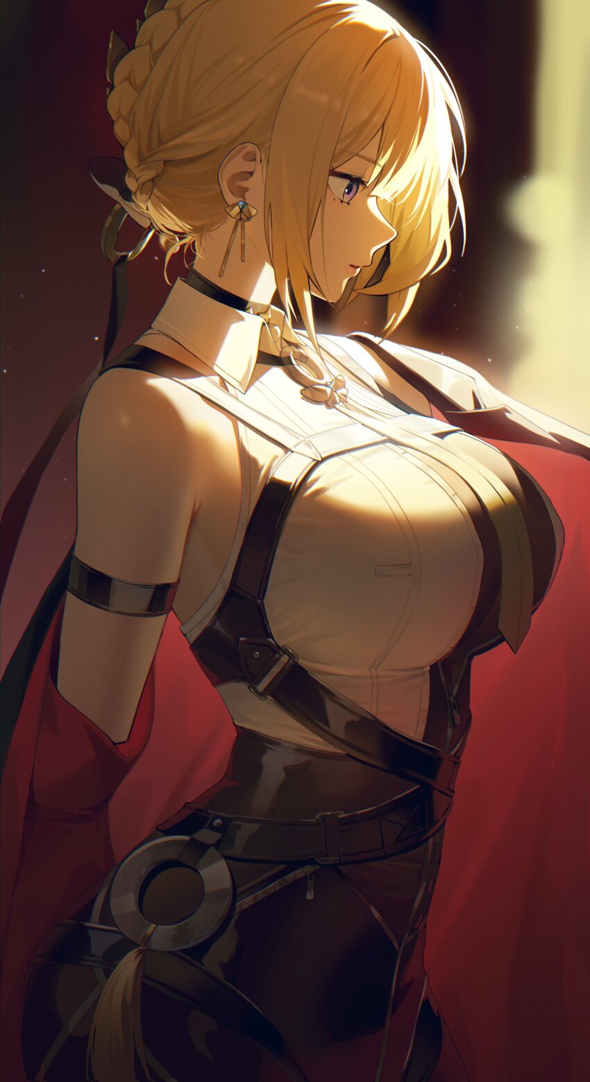 1girl absurdres ayoni_623 black_pants blonde_hair breasts closed_mouth commentary earrings evelyn_chevalier from_side highres jacket jewelry large_breasts pants purple_eyes red_jacket shirt short_hair solo white_shirt zenless_zone_zero