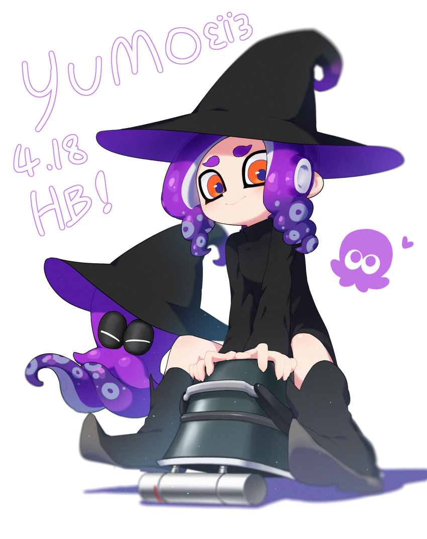 1girl absurdres black_dress black_footwear black_hat bloblobber_(splatoon) blue_pupils boots chibi chibi_inset closed_mouth commentary_request dress drill_hair full_body furrowed_brow hat highres ichijip_app light_particles long_sleeves looking_at_viewer medium_hair nintendo octoling octoling_(swim_form) octoling_girl octoling_player_character octopus orange_eyes parted_bangs pointy_footwear purple_hair sitting smile splatoon_(series) splatoon_3 tentacle_hair twin_drills two-sided_fabric two-sided_headwear white_background witch_hat