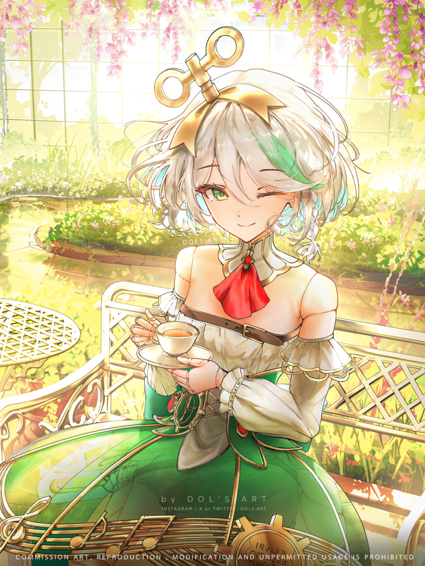 1girl ;) absurdres ascot braid cecilia_immergreen cecilia_immergreen_(1st_costume) closed_mouth corset cup detached_collar detached_sleeves doll_joints dols_art flower gradient_hair green_corset green_eyes green_hair green_skirt grey_hair highres holding holding_cup holding_saucer hololive hololive_english joints medium_hair multicolored_hair on_bench one_eye_closed purple_flower red_ascot romper saucer sitting skirt smile solo table tea teacup virtual_youtuber white_romper winding_key