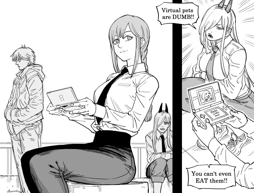 1boy 2girls absurdres bb_(baalbuddy) braid braided_ponytail breasts chainsaw_man collared_shirt commentary cross-shaped_pupils crosshair_pupils demon_horns denji_(chainsaw_man) emphasis_lines english_commentary english_text greyscale hair_over_one_eye handheld_game_console high-waist_pants highres horns large_breasts long_hair makima_(chainsaw_man) monochrome multiple_girls necktie nintendo_ds nintendogs pants pants_rolled_up playing_games pout power_(chainsaw_man) ringed_eyes sharp_teeth shirt symbol-shaped_pupils teeth