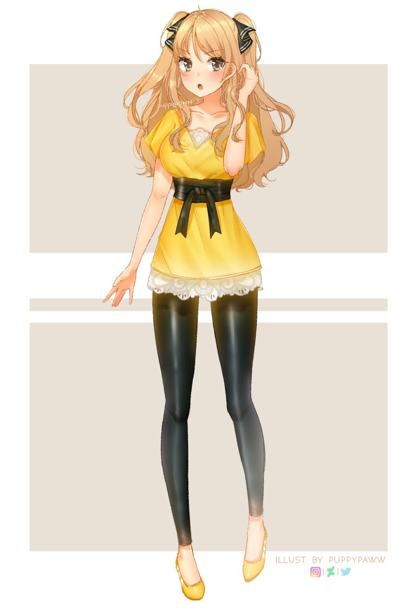 1girl ao_no_kanata_no_four_rhythm artist_name black_pants black_ribbon blonde_hair blush breasts brown_eyes commission deviantart_logo hair_ribbon highres instagram_logo leather_belt leggings long_hair long_shirt looking_at_viewer medium_breasts open_mouth pants puppypaww ribbon satouin_reiko shiny_clothes shiny_legwear shirt short_sleeves simple_background solo star_(symbol) star_in_eye symbol_in_eye twitter_logo two_side_up