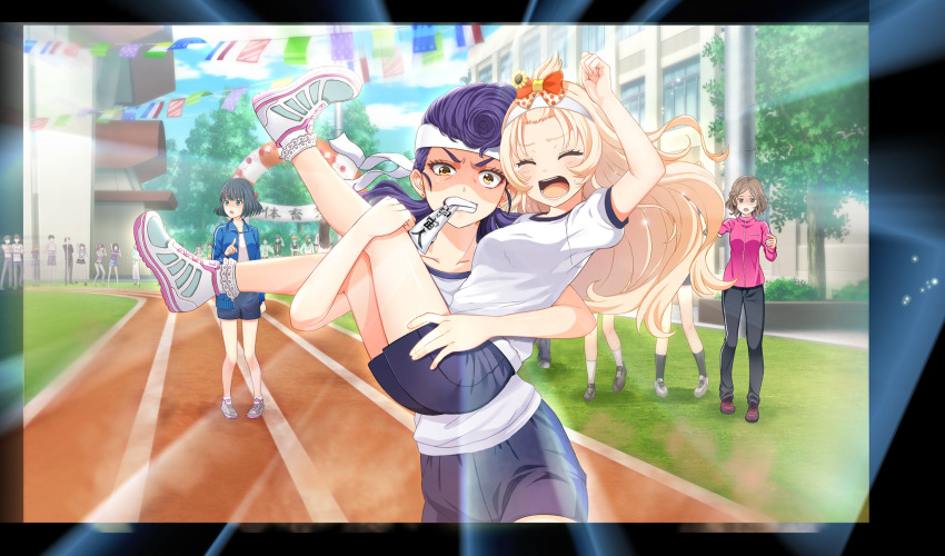aisaka_koko black_border black_hair black_pants black_shorts black_socks blonde_hair blue_jacket border bow brown_hair carrying cinderella_series clenched_teeth closed_eyes ear_piercing flags_of_all_nations game_cg green_hair gym_shirt gym_shorts hachigatsu_no_cinderella_nine hachimaki hair_bow headband highres izumida_kyouka jacket kakehashi_momoko long_hair looking_at_viewer multiple_girls non-web_source official_art open_mouth orange_eyes outdoors pants piercing pink_jacket pointing pompadour princess_carry purple_hair ribbon running school shirt short_sleeves shorts socks sports_festival standing string_of_flags suzuki_waka teardrop teeth track_jacket track_suit tree white_ribbon white_shirt white_sneakers white_socks
