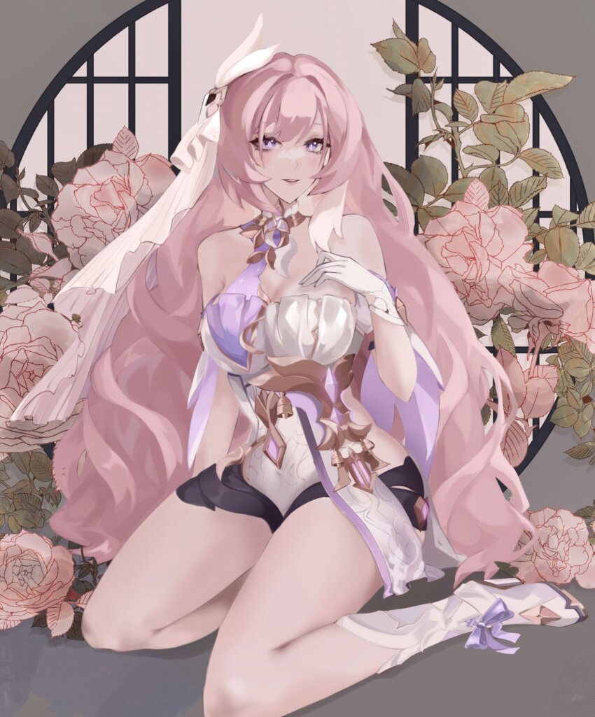 1girl arinyawa bare_shoulders black_shorts boots breasts cleavage commentary corset diamond-shaped_pupils diamond_(shape) elysia_(herrscher_of_human:_ego)_(honkai_impact) elysia_(honkai_impact) english_commentary floral_background gloves highres honkai_(series) honkai_impact_3rd large_breasts long_hair looking_at_viewer parted_lips pink_hair purple_eyes seiza short_shorts shorts sitting solo symbol-shaped_pupils veil very_long_hair white_boots white_corset white_gloves white_veil