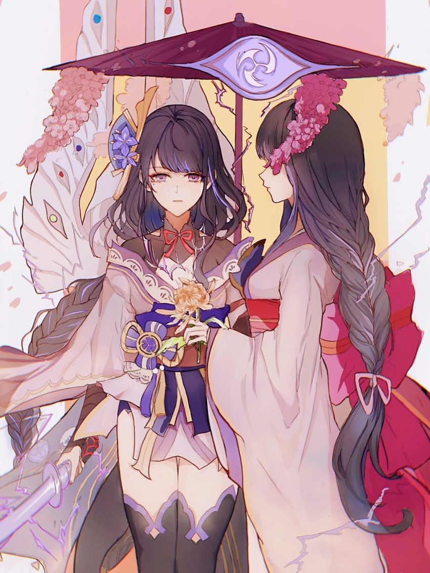 2girls blunt_bangs braid electricity falling_petals flower from_side genshin_impact hair_ornament highres holding holding_flower holding_umbrella holding_weapon hydrangea japanese_clothes long_hair looking_at_viewer makoto_(genshin_impact) mitsudomoe_(shape) mole mole_under_eye multiple_girls no_eyes oil-paper_umbrella outdoors petals purple_eyes purple_hair raiden_shogun saoshouwenqingtian siblings single_braid sisters tomoe_(symbol) umbrella umbrella_flower weapon