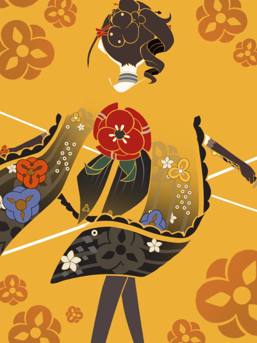 1girl black_gloves brown_hair chiori_(genshin_impact) choker drill_hair drill_ponytail earmuffs earmuffs_around_neck elbow_gloves flat_color flower from_behind genshin_impact gloves grey_kimono hair_ornament hair_stick haori highres holding holding_sword holding_weapon japanese_clothes kimono pantyhose red_sash ribbon_choker sash short_kimono simple_background skirt solo sword thighhighs thighhighs_over_pantyhose utugi_fa weapon yellow_background yellow_kimono yellow_skirt