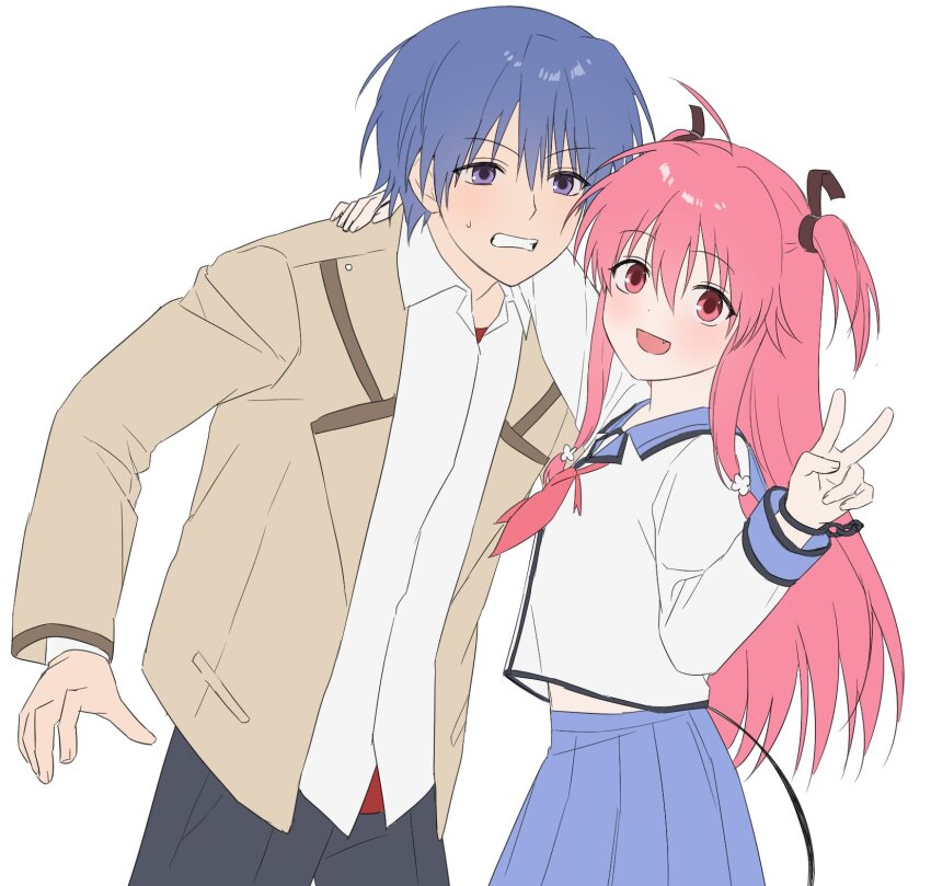 1boy 1girl :d ahoge angel_beats! arm_around_neck black_pants blue_hair blue_sailor_collar blue_skirt blush clenched_teeth collared_shirt commentary couple cowboy_shot embarrassed eyes_visible_through_hair fang hair_between_eyes hand_up happy hetero highres hinata_hideki hug jacket korean_commentary leaning_forward long_hair long_sleeves looking_at_viewer neckerchief open_clothes open_jacket open_mouth pants pink_eyes pink_hair pink_neckerchief pleated_skirt purple_eyes saang2cm sailor_collar shinda_sekai_sensen_uniform shirt short_hair sidelocks simple_background skirt smile sweatdrop teeth tsurime two_side_up v very_long_hair white_background white_shirt yellow_jacket yui_(angel_beats!)