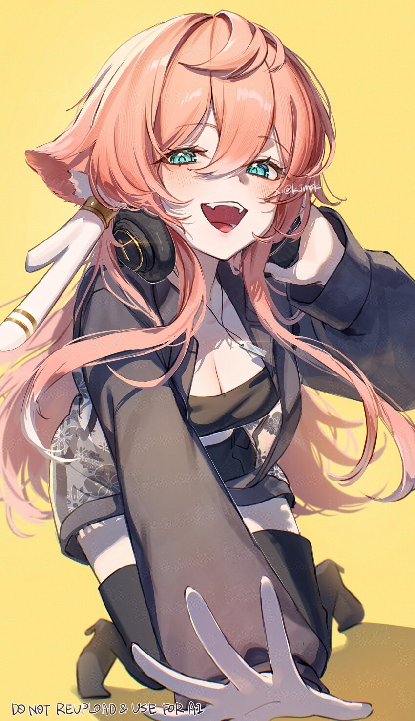 1girl absurdres alternate_costume antlers aqua_eyes black_boots boots breasts cleavage deer_antlers fangs floral_print genshin_impact hair_between_eyes headphones high_heel_boots high_heels highres horns imasaki_kei jewelry long_hair long_sleeves looking_at_viewer necklace open_mouth pink_eyes simple_background smile solo teeth thigh_boots twitter_username upper_teeth_only yanfei_(genshin_impact) yellow_eyes