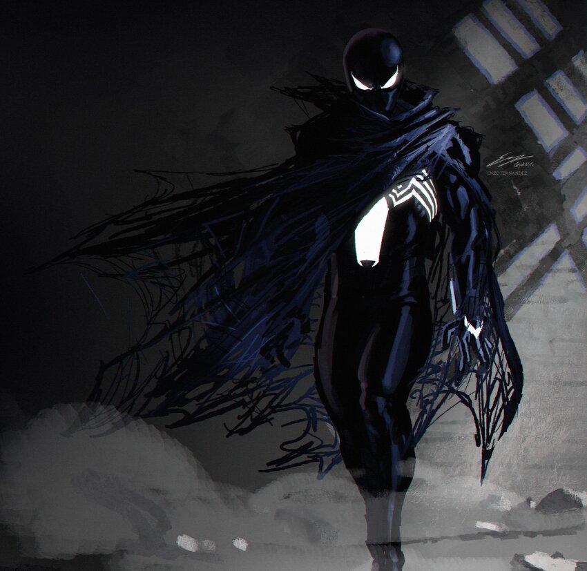 1boy absurdres animal_print artist_name black_bodysuit black_cloak bodysuit cloak commentary english_commentary enzo_fernandez grey_background highres looking_at_viewer male_focus marvel mask signature smoke solo spider-man spider-man_(series) spider_print superhero_costume symbiote v-shaped_eyes