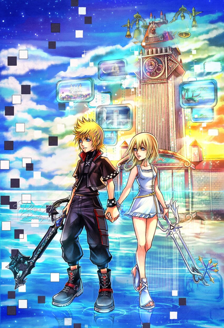 1boy 1girl alternate_costume black_jacket black_pants black_shoes blonde_hair blue_eyes closed_mouth commentary dress english_commentary highres holding_hands hollypolllyy jacket keyblade kingdom_hearts kingdom_hearts_ii long_hair namine nomura_tetsuya_(style) oathkeeper oblivion_(keyblade) open_clothes open_jacket pants parted_lips pointy_hair roxas shoes short_hair short_sleeves sleeveless sleeveless_dress toes weapon white_dress