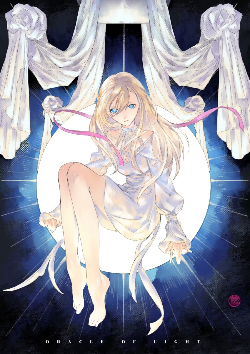 1girl barefoot blonde_hair blue_background blue_eyes clothing_cutout curtains dress final_fantasy final_fantasy_xiv full_body hair_between_eyes highres hyur knees_up long_hair looking_at_viewer pink_ribbon ribbon ruoyi120 ryne_waters shoulder_cutout solo white_dress