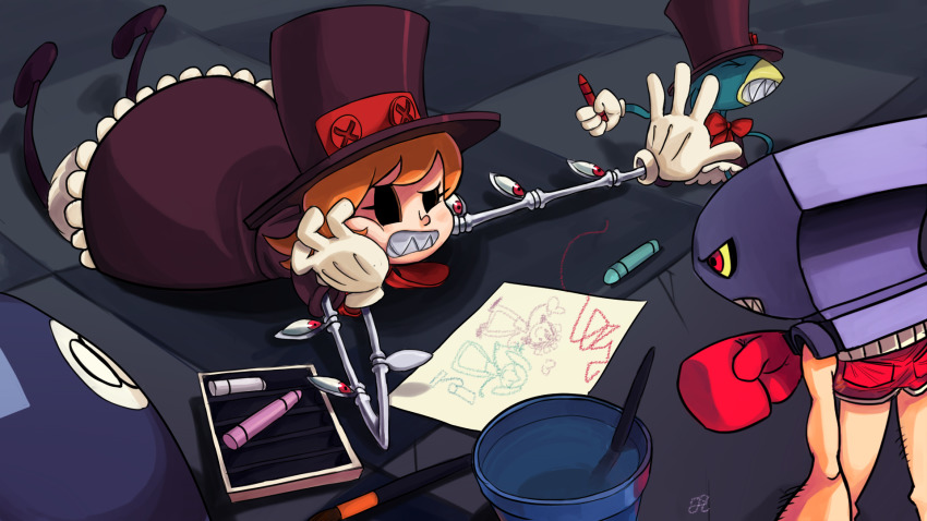 1girl andy_anvil avery_(skullgirls) boxing_gloves chungsae crayon cyborg drawing dress gloves hat highres lenny_the_bomb lying on_floor on_stomach orange_hair paper peacock_(skullgirls) pushing pushing_away sharp_teeth short_hair shorts skullgirls teeth tile_floor tiles top_hat