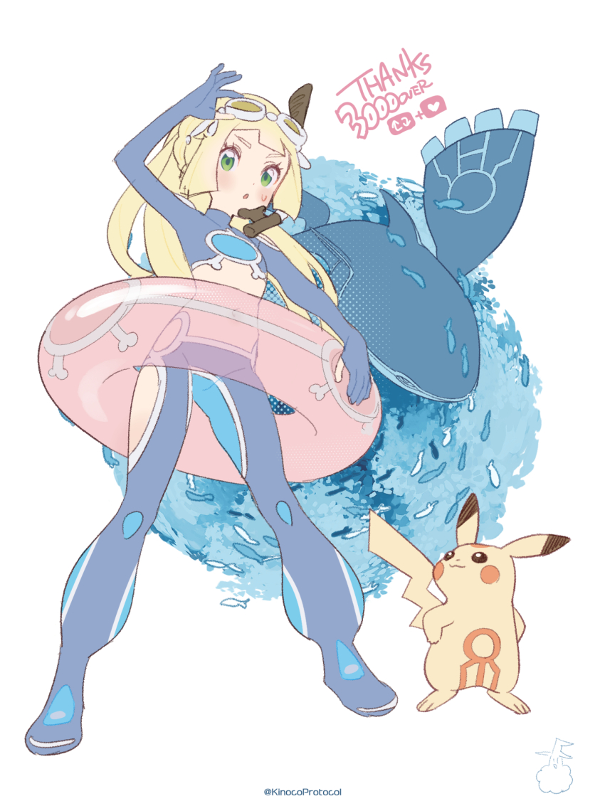 1girl blonde_hair blush breasts gen_1_pokemon gen_3_pokemon goggles goggles_on_head green_eyes highres innertube kinocopro kyogre legendary_pokemon lillie_(pokemon) long_hair looking_at_viewer nintendo pikachu pokemon pokemon_(creature) pokemon_masters_ex pokemon_sm snorkel swim_ring team_aqua_uniform