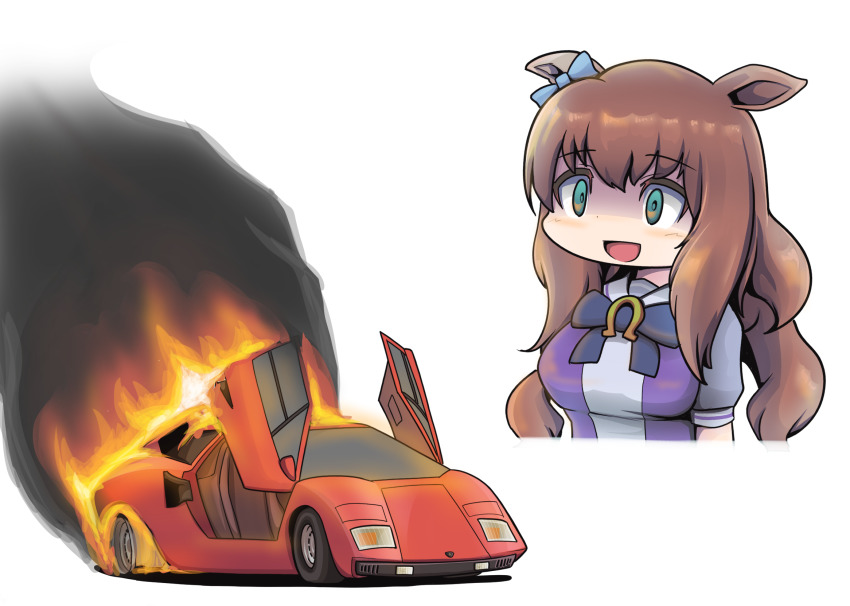 1girl animal_ears blue_bow bow bowtie car commentary ear_bow ears_down fire flat_tire green_eyes hair_between_eyes highres horse_ears horse_girl horseshoe_ornament lamborghini lamborghini_countach long_hair maruzensky_(umamusume) motor_vehicle puffy_short_sleeves puffy_sleeves purple_bow purple_bowtie purple_shirt sailor_collar sailor_shirt sakusan_(ss-awesome) school_uniform scissor_doors shaded_face shirt short_sleeves solo sports_car tracen_school_uniform umamusume upper_body vehicle_focus wavy_hair
