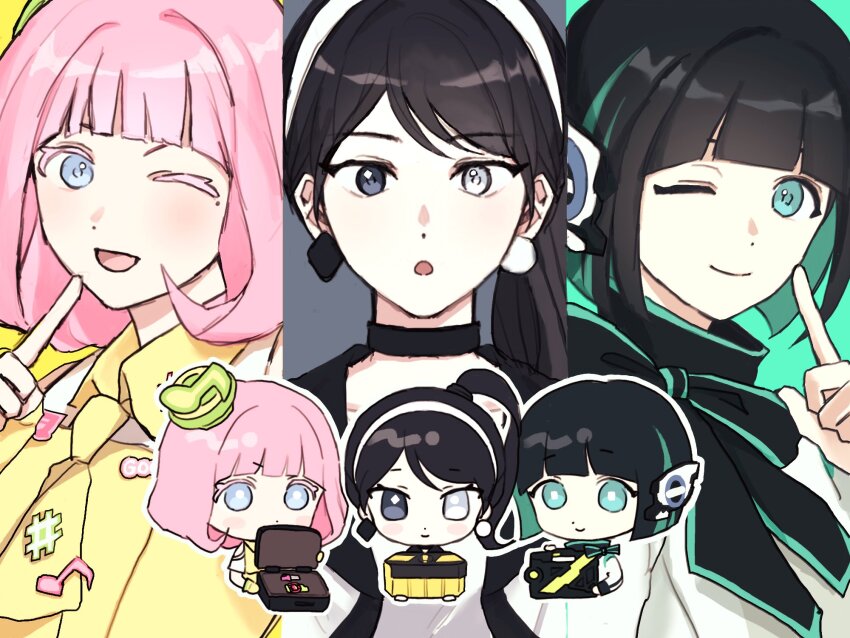 3girls black_hair blue_eyes chibi colored_inner_hair earrings gamer_driver green_eyes green_hair heterochromia highres holding humagear_headphones is_(kamen_rider_01) jewelry kamen_rider kamen_rider_01_(series) kamen_rider_ex-aid_(series) kamen_rider_geats_(series) mole mole_under_eye multicolored_hair multiple_girls open_mouth oresanjyo pink_hair ponytail poppi_pipopapo robot_ears smile tsumuri_(kamen_rider_geats)