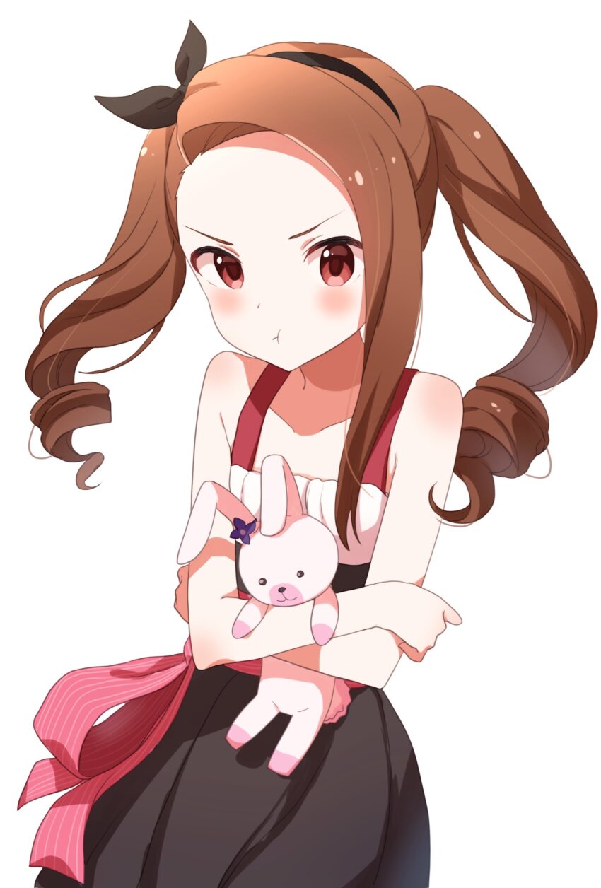 1girl :t alternate_hairstyle bare_shoulders black_dress black_hairband black_ribbon blush bow breasts brown_eyes brown_hair buchi_(y0u0ri_) collarbone cowboy_shot crossed_arms dot_nose dress drill_hair hairband highres holding holding_stuffed_toy idolmaster idolmaster_(classic) idolmaster_million_live! idolmaster_million_live!_theater_days long_hair looking_at_viewer minase_iori red_bow ribbon simple_background sleeveless sleeveless_dress small_breasts solo standing stuffed_animal stuffed_rabbit stuffed_toy twin_drills twintails usa-chan_(idolmaster) v-shaped_eyebrows waist_bow white_background