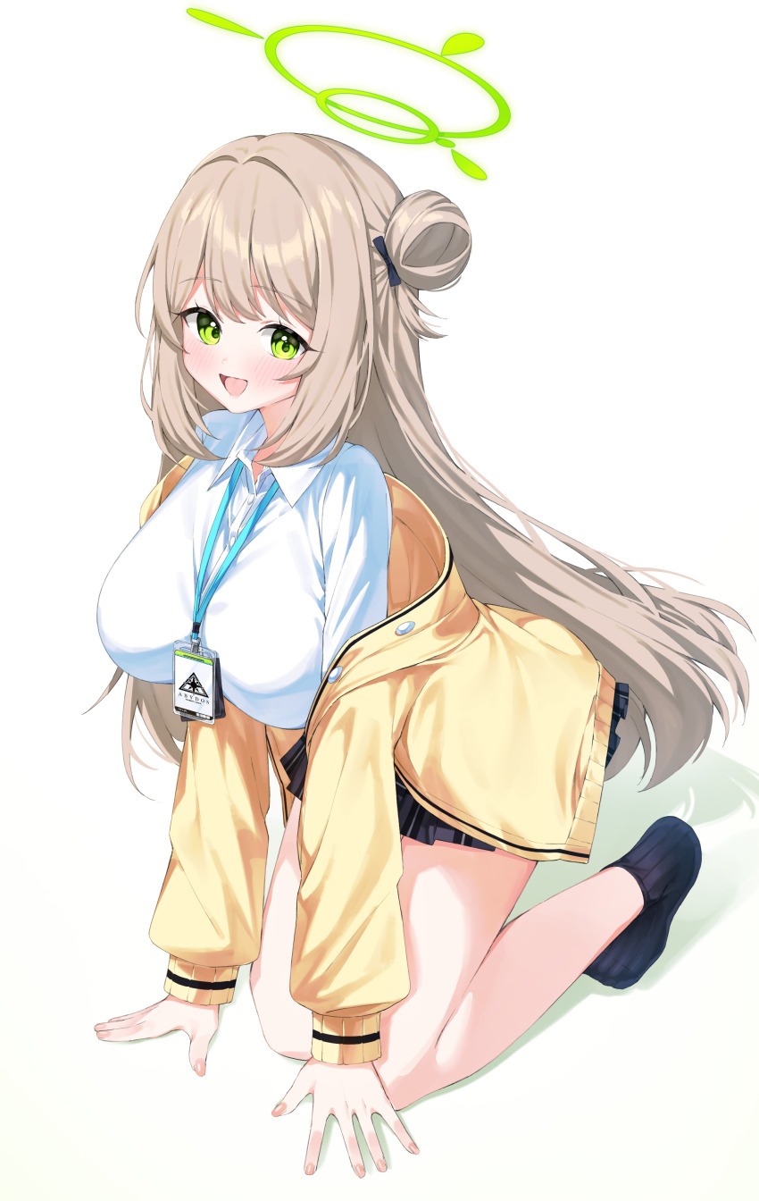 1girl absurdres bare_legs black_skirt black_socks blue_archive blush breasts brown_hair cardigan cardigan_partially_removed cobe commentary full_body green_eyes hair_rings halo highres kneeling lanyard large_breasts long_hair looking_at_viewer no_shoes nonomi_(blue_archive) shirt simple_background single_hair_ring skirt smile socks solo very_long_hair white_background white_shirt yellow_cardigan