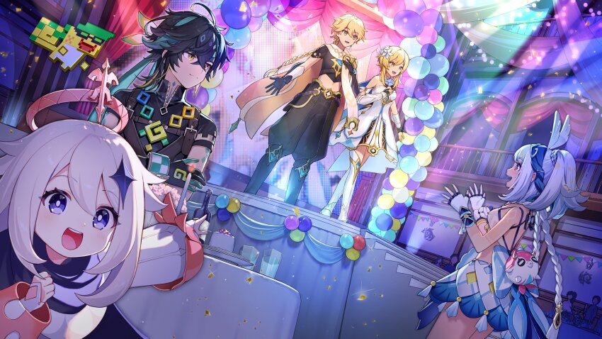 2boys 3girls absurdres aether_(genshin_impact) ahoge ajaw_(genshin_impact) balloon bare_shoulders black_gloves black_hair black_hairband black_pants black_shirt blonde_hair blue_eyes blue_nails bottle braid candle closed_mouth commentary cropped_shirt dress english_commentary fingerless_gloves flower genshin_impact glass gloves green_eyes hair_flower hair_ornament hairband halo highres kinich_(genshin_impact) long_hair lumine_(genshin_impact) medium_hair midriff mualani_(genshin_impact) multiple_boys multiple_girls nail_polish open_mouth paimon_(genshin_impact) pants parted_lips partially_fingerless_gloves pointing pointing_at_another second-party_source shirt short_hair_with_long_locks sleeveless sleeveless_dress sleeveless_shirt star_(symbol) star_hair_ornament teeth tsunakawa upper_teeth_only very_long_hair white_dress white_flower white_gloves white_hair winde yellow_eyes