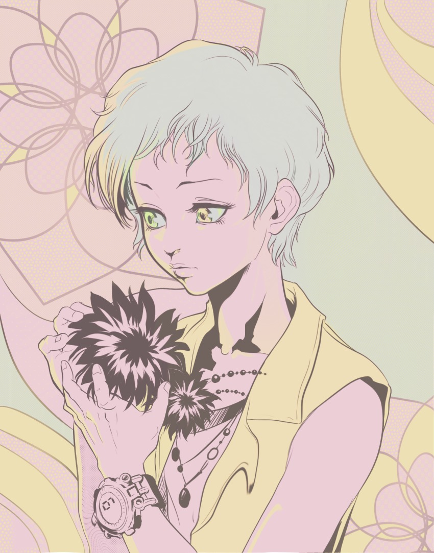 1girl autumn-sacura collarbone female_focus highres jewelry kyokugen_dasshutsu kyokugen_dasshutsu_adv:_zennin_shibou_desu limited_palette necklace phi_(kyokugen_dasshutsu) short_hair solo upper_body vest watch white_hair wristwatch yellow_eyes