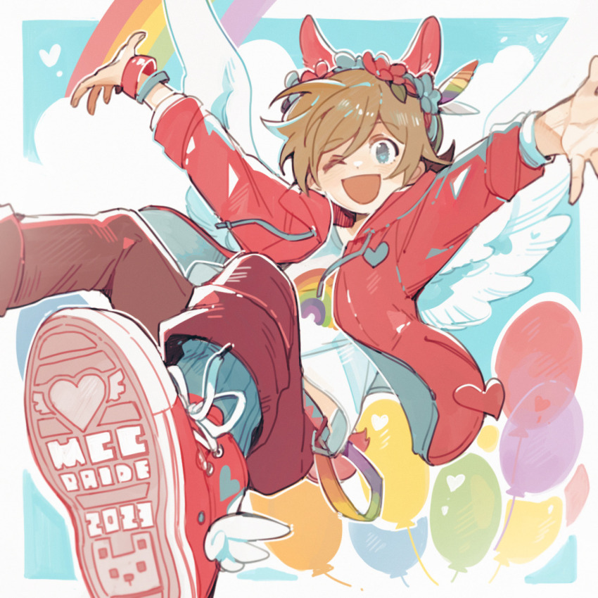 1boy animal_ears animification arms_up bird_boy bird_wings bishounen blue_eyes border commentary english_commentary english_text esports from_below grian_(youtuber) happy hood hoodie kemonomimi_mode lgbt_pride light_brown_hair looking_at_viewer luminous_slime male_focus mc_championship minecraft_youtube one_eye_closed open_clothes open_hoodie open_mouth perspective rabbit_boy rabbit_ears rabbit_tail rainbow short_hair smile solo tail white_border wings