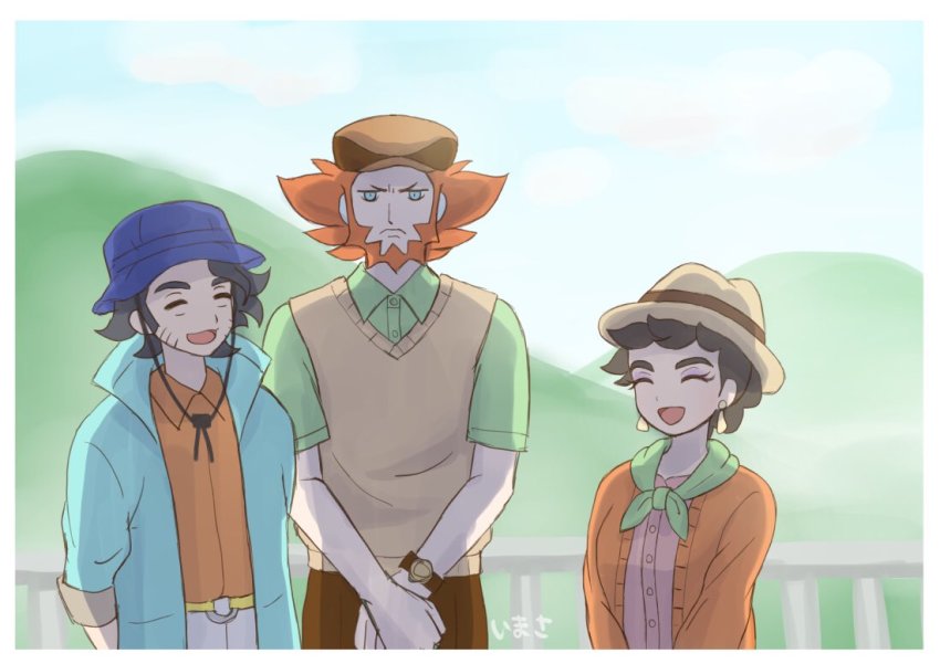 1girl 2boys :d alternate_costume professor_sycamore beard belt blue_headwear border brown_headwear brown_pants brown_vest buttons cardigan closed_eyes coat collared_shirt commentary_request day diantha_(pokemon) earrings eyelashes facial_hair green_shirt hat im_i_masa jewelry lysandre_(pokemon) multiple_boys nintendo open_cardigan open_clothes open_coat open_mouth orange_hair orange_shirt outdoors pants pokemon pokemon_xy shirt smile vest white_border white_pants yellow_belt