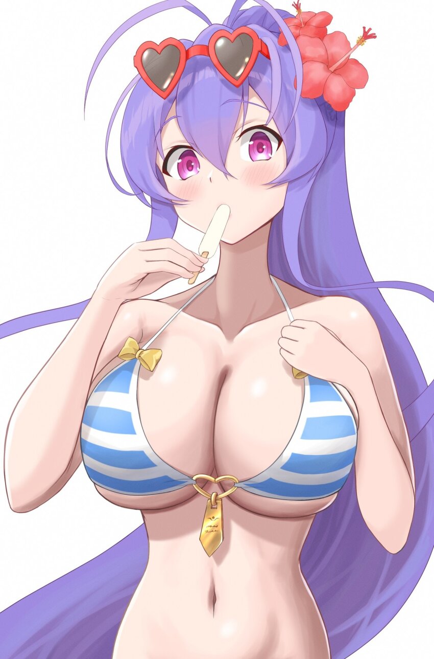 1girl antenna_hair bikini blazblue blazblue_alternative:_dark_war blue_hair blush bow breasts cleavage flower food hair_between_eyes hair_flower hair_ornament heart heart-shaped_eyewear highres large_breasts long_hair looking_at_viewer mai_natsume navel official_alternate_costume ponytail popsicle purple_eyes solo swimsuit teru_(te87024871) very_long_hair