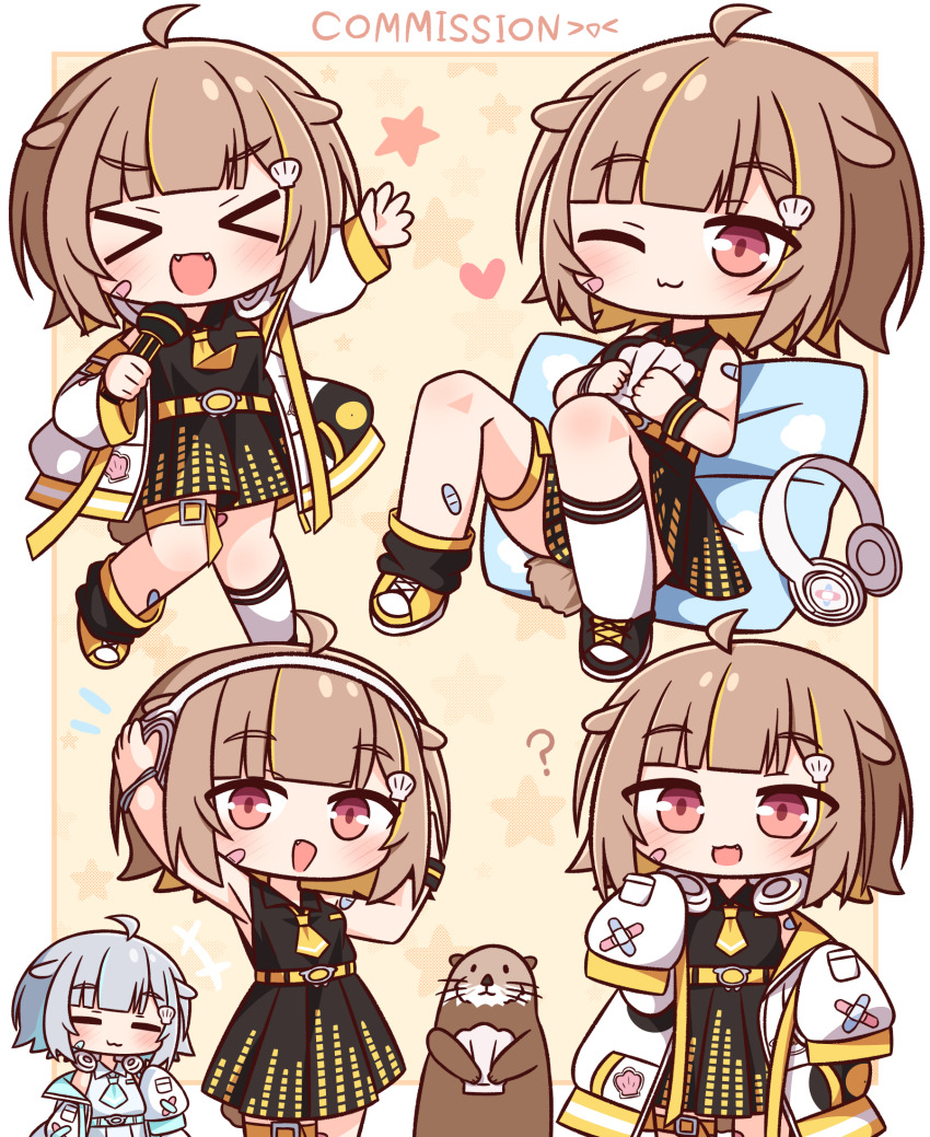 &gt;_&lt; 1girl :d ;) ? animal_ears arms_up asymmetrical_footwear asymmetrical_legwear bandaid bandaid_on_arm bandaid_on_cheek bandaid_on_face belt belt_buckle black_dress black_shoes black_socks blush border brown_background buckle chibi clam closed_eyes closed_mouth collared_dress commentary_request commission dress fang fang_out fangs grey_hair hana_kazari hands_on_headphones headphones headphones_around_neck headphones_removed highres holding holding_microphone jacket long_sleeves microphone million_production mismatched_footwear mismatched_legwear multiple_views necktie one_eye_closed open_clothes open_jacket open_mouth otonose_raco otter puffy_long_sleeves puffy_sleeves red_eyes revision shoes skeb_commission sleeveless sleeveless_dress smile socks star_(symbol) tail virtual_youtuber white_border white_jacket white_socks xd yellow_belt yellow_necktie yellow_shoes
