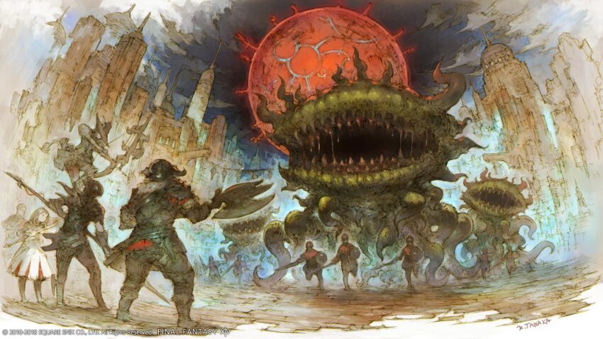 armor artist_request axe bard_(final_fantasy) bow city dalamud_(moon) dragoon_(final_fantasy) final_fantasy final_fantasy_xiv full_armor garlean highres holding holding_weapon malboro monster moon official_art outdoors polearm red_moon spear warrior_(final_fantasy) warrior_of_light_(ff14) weapon white_mage_(final_fantasy)