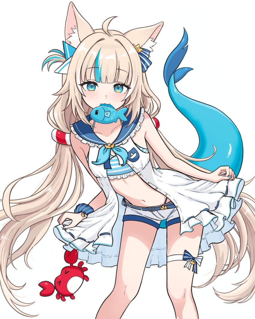 1girl absurdres animal_ear_fluff animal_ears belt bikini bikini_under_clothes blonde_hair blue_eyes blue_hair blue_streaks bow cat_ears commentary crab dress english_commentary feet_out_of_frame fins fish fish_girl fish_tail flat_chest highres indie_virtual_youtuber lifebuoy_hair_ornament loli long_hair looking_at_viewer low_twintails mouth_hold multicolored_hair nail_polish navel open_clothes open_dress paper_boat sailor_collar sameko_saba scrunchie short_shorts shorts simple_background skirt_hold sleeveless solo standing streaked_hair suoniko swimsuit tail twintails virtual_youtuber white_background white_dress white_shorts wrist_scrunchie