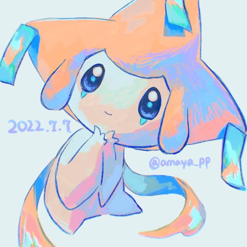 amaya_uw blue_eyes closed_mouth commentary dated gen_3_pokemon grey_background hands_up highres jirachi legendary_pokemon mythical_pokemon nintendo no_humans own_hands_together pokemon pokemon_(creature) smile solo symbol-only_commentary twitter_username