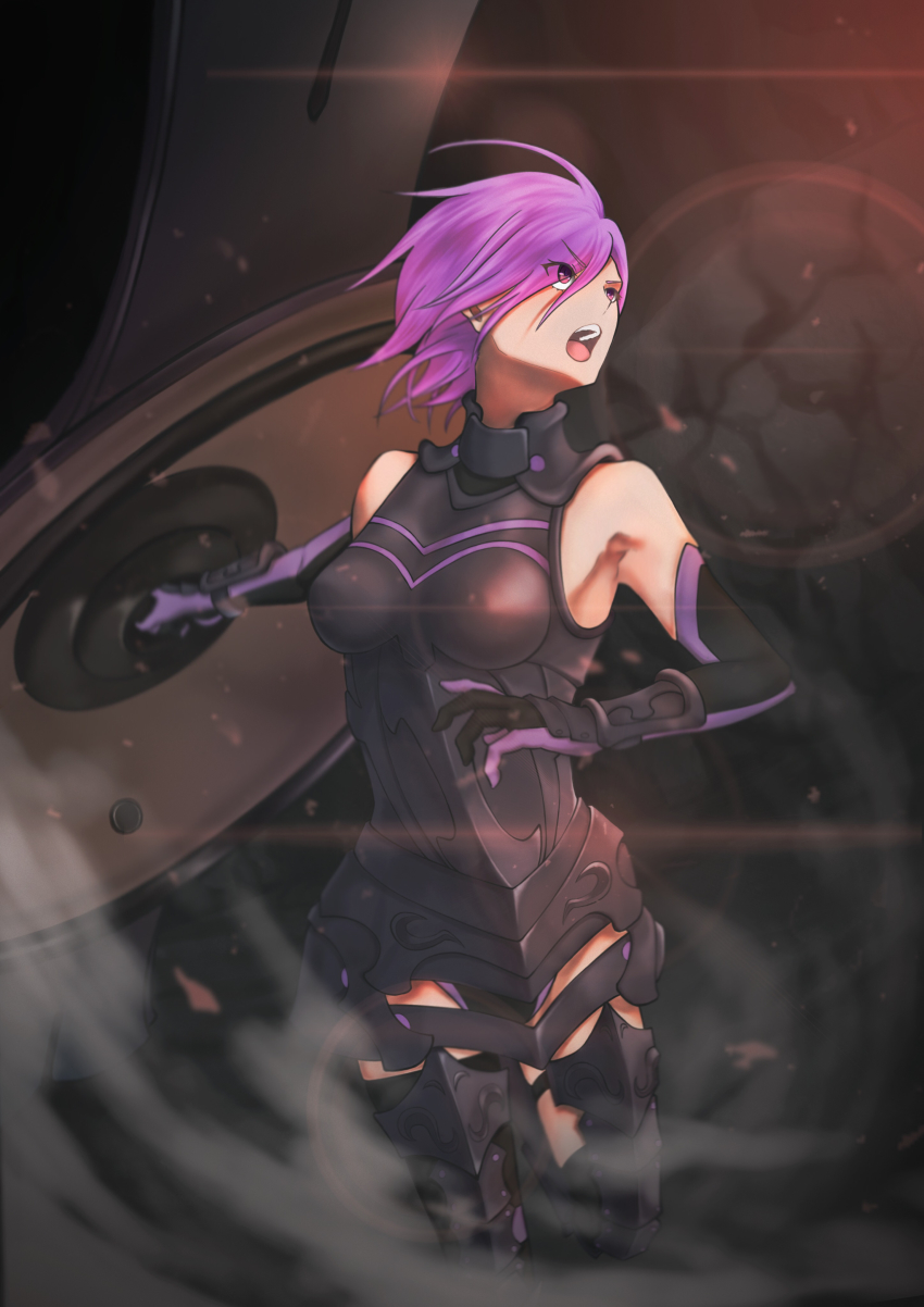 1girl absurdres armored_boots armored_leotard asymmetrical_legwear black_boots black_leotard black_thighhighs boots breasts breasts_apart elbow_gloves eyes_visible_through_hair fate/grand_order fate_(series) female_focus gloves hair_between_eyes hair_over_one_eye highres holding holding_shield kuremon leotard mash_kyrielight mash_kyrielight_(demi-servant) medium_breasts open_mouth purple_eyes purple_hair shield short_hair solo standing thigh_boots thigh_strap thighhighs uneven_legwear