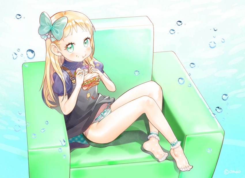 1girl blonde_hair blush bow bubble couch dress eating feet female_focus food gradient_background green_eyes green_upholstery hair_bow highres legs lining long_hair ondo_(shinm02) original panties puffy_sleeves sandwich see-through_clothes short_sleeves sitting socks soles solo sparkle spread_toes striped_clothes striped_panties toes underwear