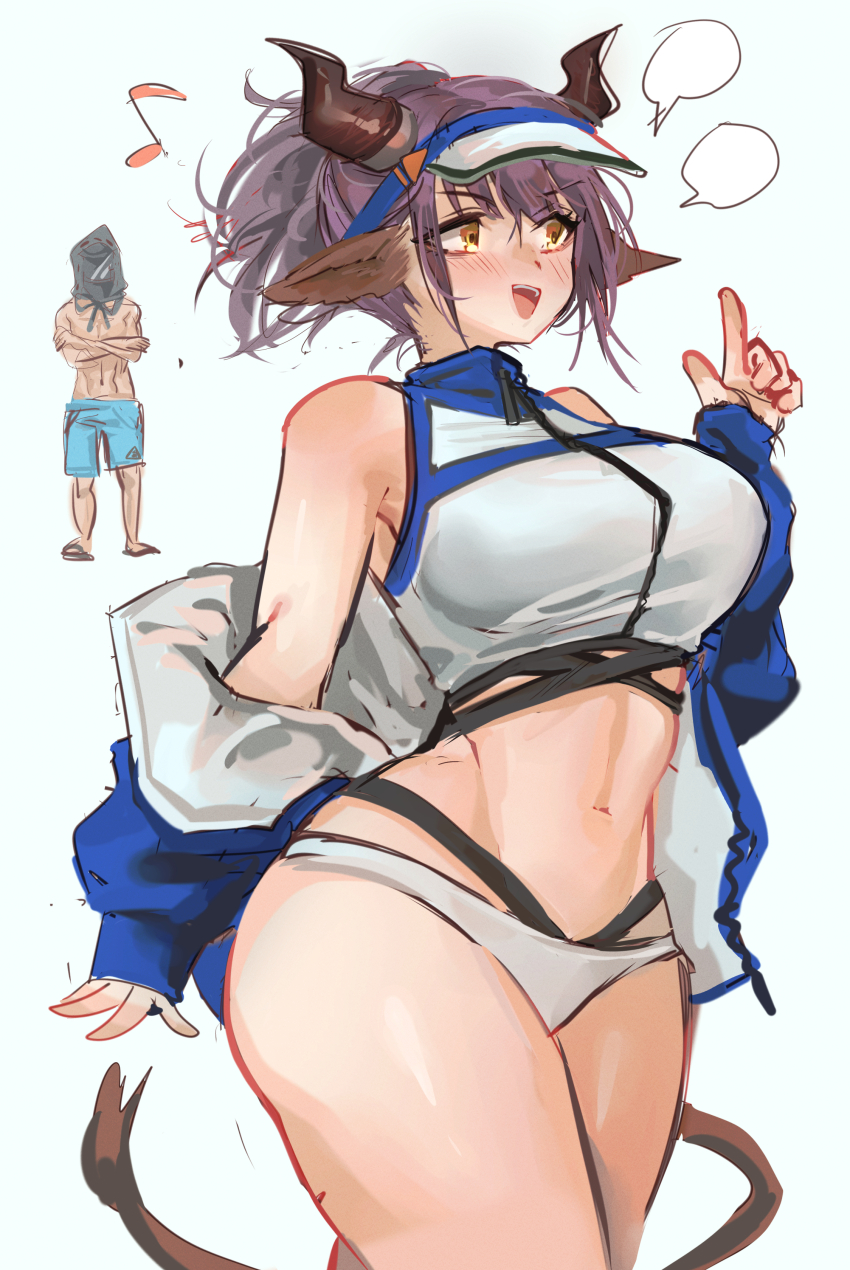 1boy 1girl absurdres animal_ears arknights bikini blank_speech_bubble blue_headwear blue_jacket blush breasts commentary cow_ears cow_girl cow_horns cow_tail cowboy_shot crop_top doctor_(arknights) highres horns index_finger_raised jacket kaguura_(kagu) large_breasts male_doctor_(arknights) musical_note navel off_shoulder official_alternate_costume open_clothes open_jacket open_mouth purple_hair short_hair sideroca_(arknights) sideroca_(light_breeze)_(arknights) simple_background smile solo_focus speech_bubble standing stomach swimsuit tail thighs topless_male two-tone_headwear visor_cap white_background white_bikini white_headwear yellow_eyes