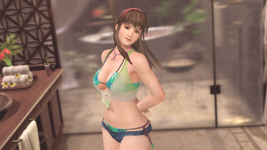 1girl 3d beach bikini breasts brown_hair dead_or_alive dead_or_alive_xtreme_beach_volleyball female_focus hitomi_(doa) indoors large_breasts long_hair official_art official_wallpaper plant solo swimsuit tecmo underboob