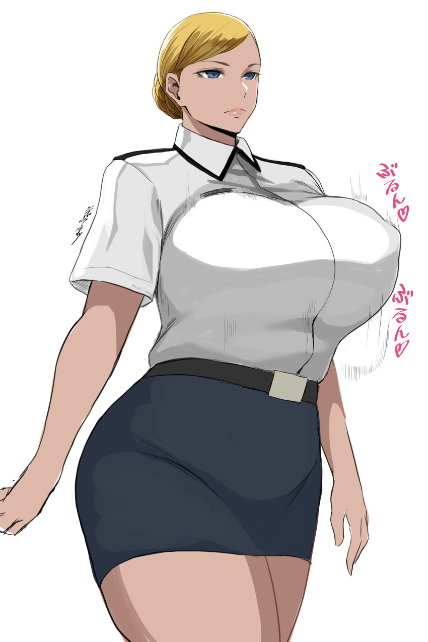 1girl absurdres android blonde_hair blue_eyes bouncing_breasts breasts cyborg highres huge_breasts robot robot_girl shibusun shiibara_tetsu short_hair solo t-x terminator_(series) terminator_3:_rise_of_the_machines