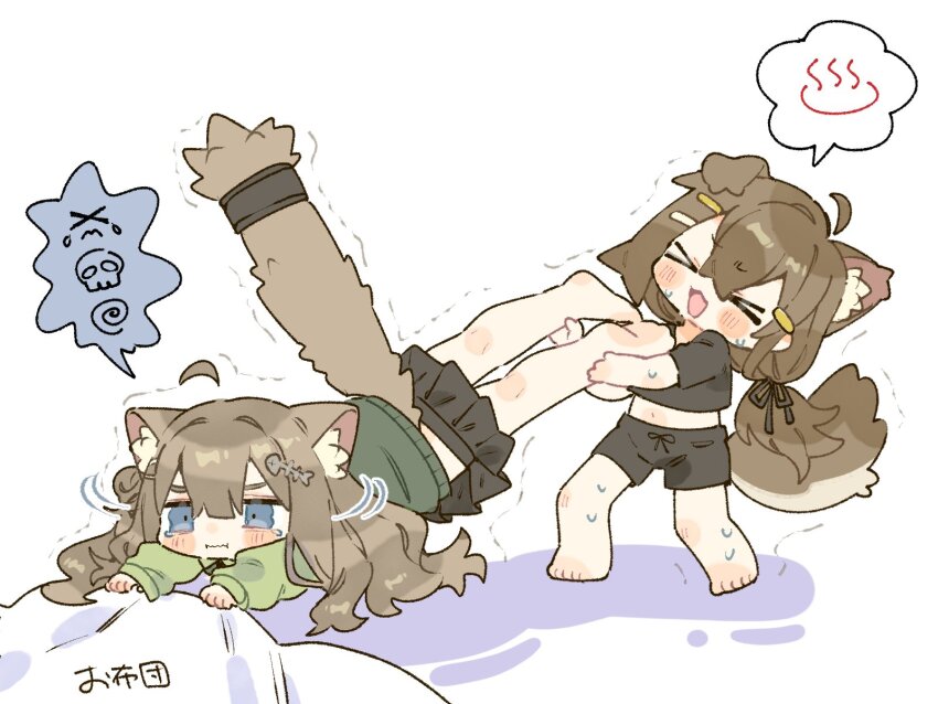 &gt;_&lt; 2girls ahoge animal_ear_fluff animal_ears barefoot black_shirt black_shorts black_skirt blush_stickers brown_hair cat_ears cat_girl cat_tail closed_eyes closed_mouth commentary_request crop_top cropped_shirt detached_ahoge dog_ears dog_girl dog_tail futon green_sweater hair_ornament hairclip highres kipfel_(vrchat) long_hair long_sleeves mamehinata midriff multiple_girls navel notamaru_2 open_mouth pulling shirt short_sleeves shorts simple_background skirt spoken_symbol sweat sweater tail tears trembling vrchat white_background