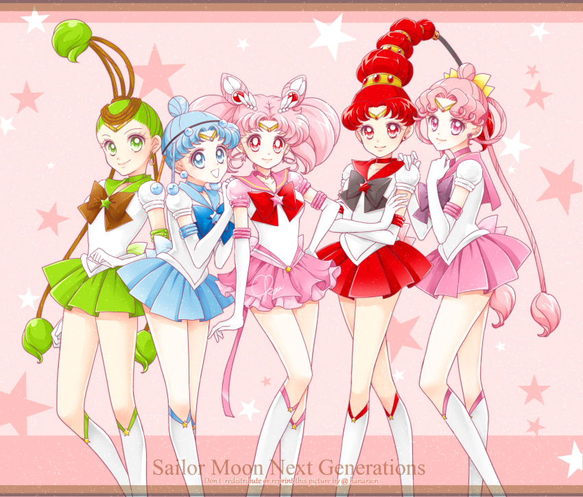 back_bow bishoujo_senshi_sailor_moon bishoujo_senshi_sailor_moon_stars black_bow black_bowtie blue_bow blue_bowtie blue_choker blue_eyes blue_footwear blue_sailor_collar blue_skirt boots bow bowtie brooch cerecere_(sailor_moon) chibi_usa choker circlet cone_hair_bun double_bun earrings elbow_gloves english_text forehead gem gloves green_choker green_eyes green_hair green_sailor_collar green_skirt hair_bun hair_ornament highres impossible_hair jewelry junjun_(sailor_moon) miniskirt orange_bow orange_bowtie pallapalla_(sailor_moon) parted_bangs pink_boots pink_choker pink_eyes pink_hair pink_sailor_collar pink_skirt pleated_skirt puffy_short_sleeves puffy_sleeves red_bow red_bowtie red_choker red_eyes red_footwear red_gemstone red_hair red_sailor_collar sailor_ceres sailor_chibi_moon sailor_collar sailor_juno sailor_pallas sailor_vesta sarashina_kau shirt short_hair short_sleeves short_twintails skirt smile star_(symbol) star_choker star_symbol_background stud_earrings twintails vesves_(sailor_moon) white_footwear white_gloves white_shirt