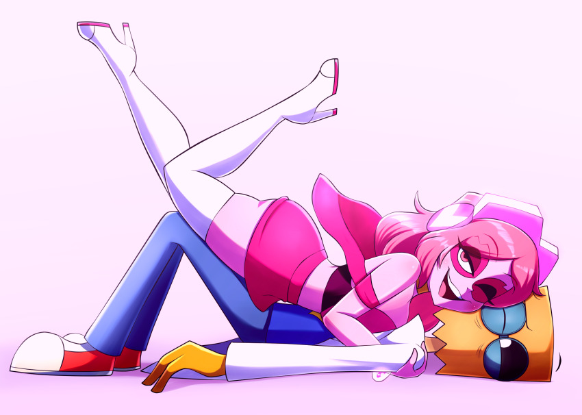 1boy 1girl bag_on_head boots breasts cape dr._flug gloves headphones heart heart-shaped_pupils high_heel_boots high_heels highres lab_coat medium_breasts miss_heed one_eye_closed pink_hair shoes skirt sneakers symbol-shaped_pupils the-butch-x thigh_boots villainous wink