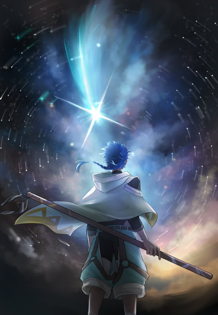 1boy blue_hair blue_pants braid braided_ponytail cape commentary_request cu_chulainn_(fate) facing_away fate/grand_order fate_(series) from_behind highres hood hooded_cape looking_up male_focus night night_sky outdoors pants renkon_eko setanta_(fate) single_braid sky solo star_(sky) star_trail starry_sky white_cape