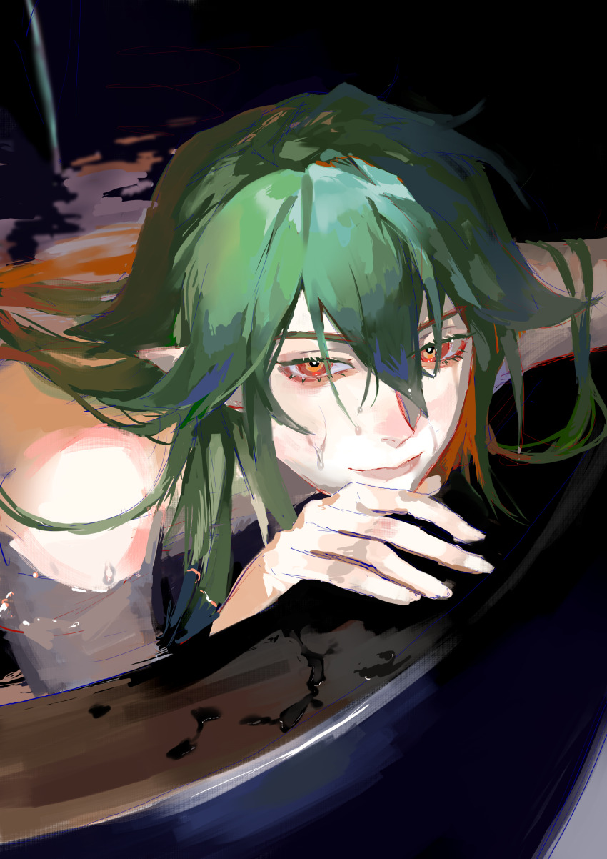 1boy absurdres aotu_world bare_shoulders bath bathing bathtub black_background chinese_commentary closed_mouth eyelashes green_hair hair_between_eyes hair_down highres long_hair looking_at_viewer macchiato_bi_guanzhong male_focus multicolored_eyes partially_submerged pointy_ears red_eyes smile solo water wet wet_hair xander_(aotu_world) yellow_eyes