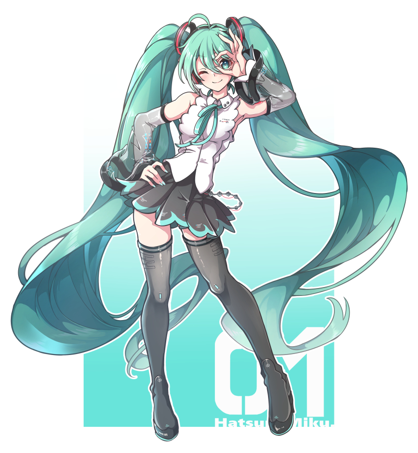 1girl absurdres aqua_eyes aqua_hair aqua_nails aqua_ribbon arms_up black_skirt blush boots breasts character_name closed_mouth commentary_request detached_sleeves full_body gokuu_(acoloredpencil) hair_between_eyes hair_ornament hand_on_own_hip hatsune_miku hatsune_miku_(nt) highres long_hair long_sleeves looking_at_viewer medium_breasts miku_day miniskirt one_eye_closed pleated_skirt ribbon see-through_clothes see-through_sleeves shirt skirt sleeveless sleeveless_shirt smile solo thigh_boots thighhighs twintails very_long_hair vocaloid white_shirt wide_hips zettai_ryouiki