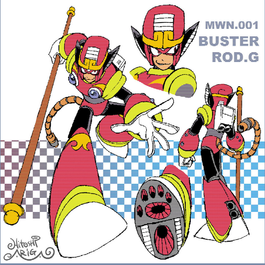 1boy android ariga_hitoshi arm_up armor artist_name belt black_bodysuit blue_background bodysuit boots brown_background buster_rod_g_(mega_man) character_name checkered_background chest_jewel commentary_request concept_art from_behind full_body gem gloves gradient_background grey_background grey_belt grin helmet highres holding holding_rod joints knee_boots looking_ahead looking_at_viewer looking_to_the_side male_focus mechanical_tail mega_man:_the_wily_wars mega_man_(classic) mega_man_(series) mega_man_megamix multiple_views no_humans open_hand portrait purple_gemstone red_armor red_eyes red_footwear reference_sheet robot robot_ears robot_joints rod scanlines shoe_soles signature simple_background smile standing tail turnaround white_background white_gloves