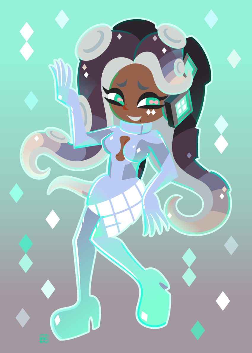 1girl cephalopod_eyes cleavage_cutout clothing_cutout dark-skinned_female dark_skin diamond_(shape) full_body gradient_background green_eyes grin highres long_hair looking_at_viewer marina_(splatoon) marina_(team_order)_(splatoon) mole mole_under_mouth nintendo octoling sasakinao smile solo splatoon_(series) splatoon_2 suction_cups tentacle_hair